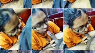 Horny Glasses Babe Giving Blowjob